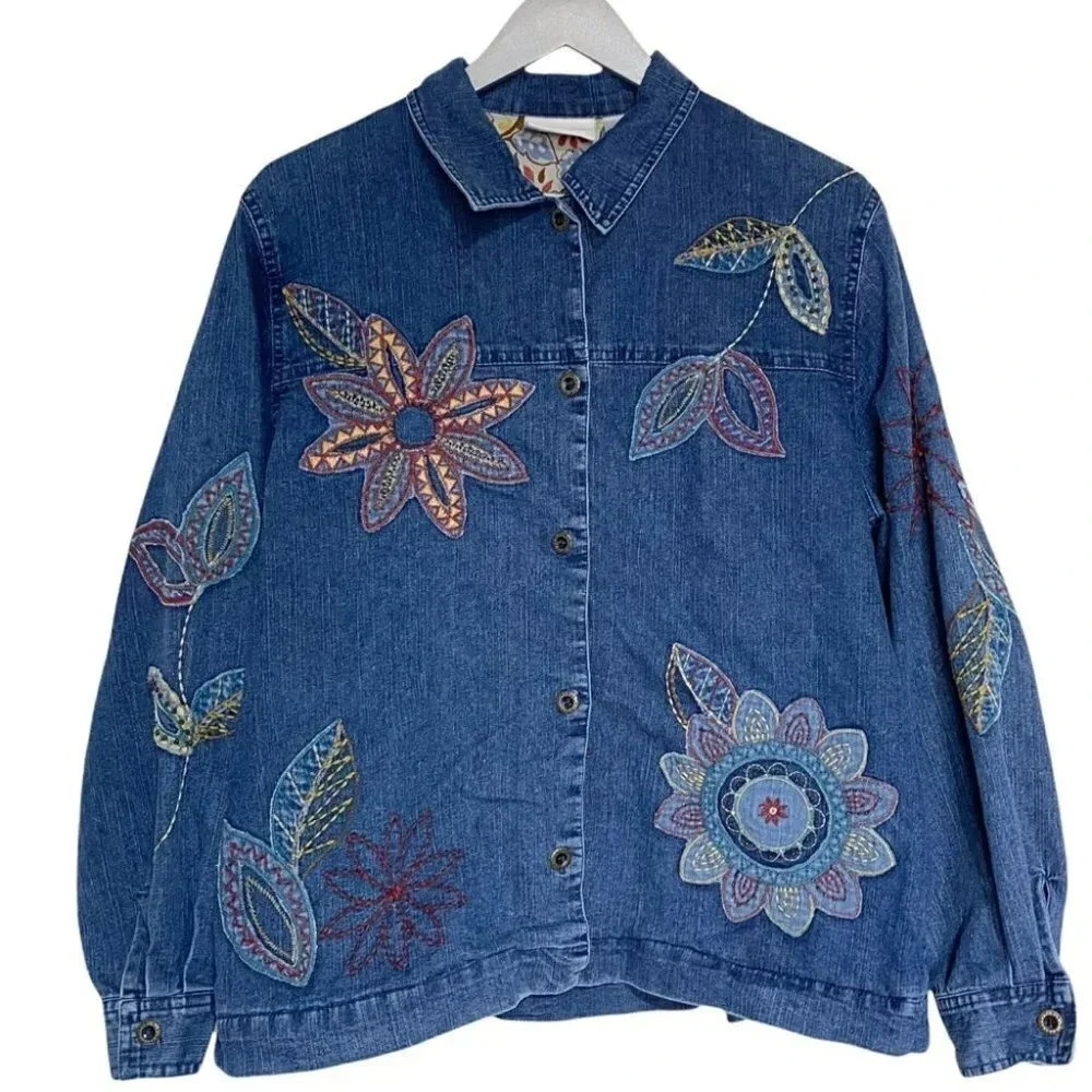 Y2K Alfred Dunner Denim Jacket 10‎ Blue Floral Embroidered Beaded Boho Artsy